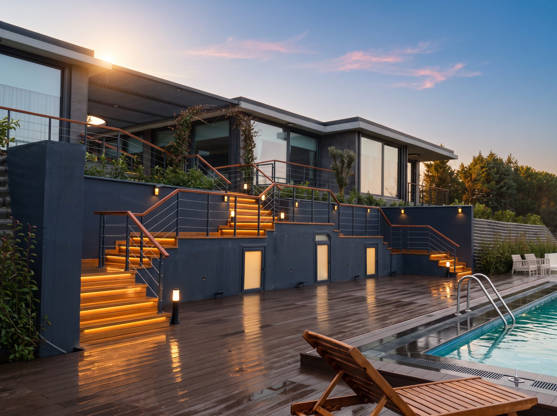 Timber stairs and pool deck with integrated lighting at dusk