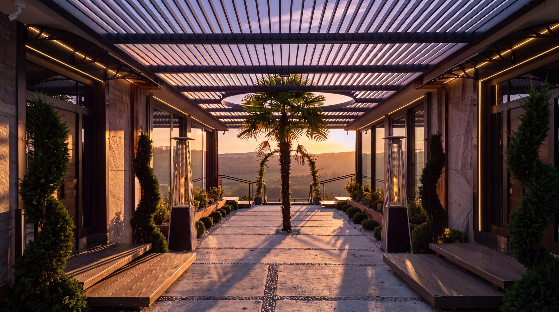 Pergola-covered entrance court at sunset