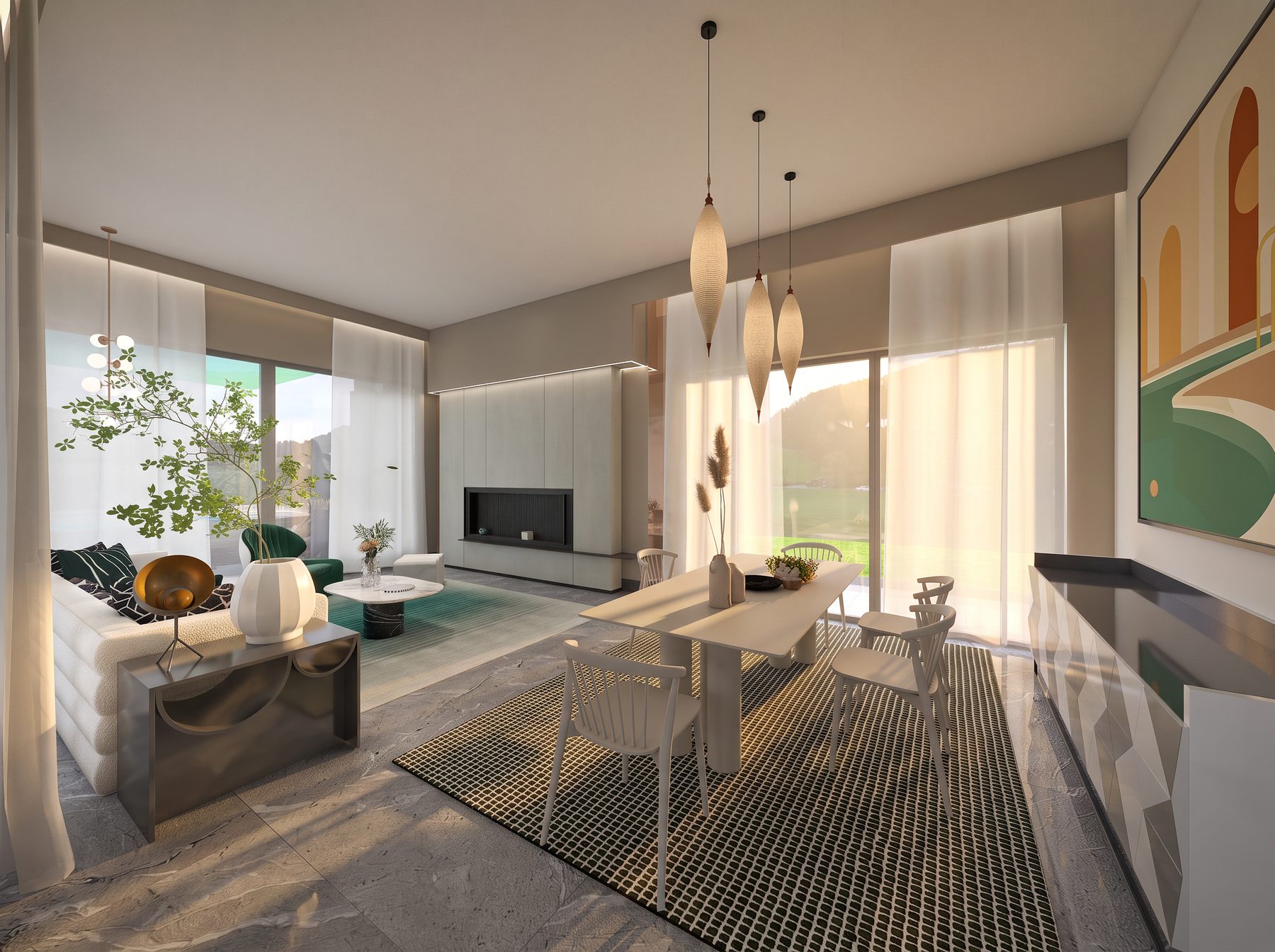 Living and dining area with garden outlook
