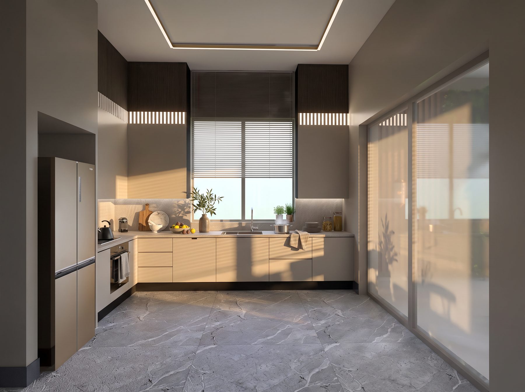 Kitchen with stone worktop and concealed lighting