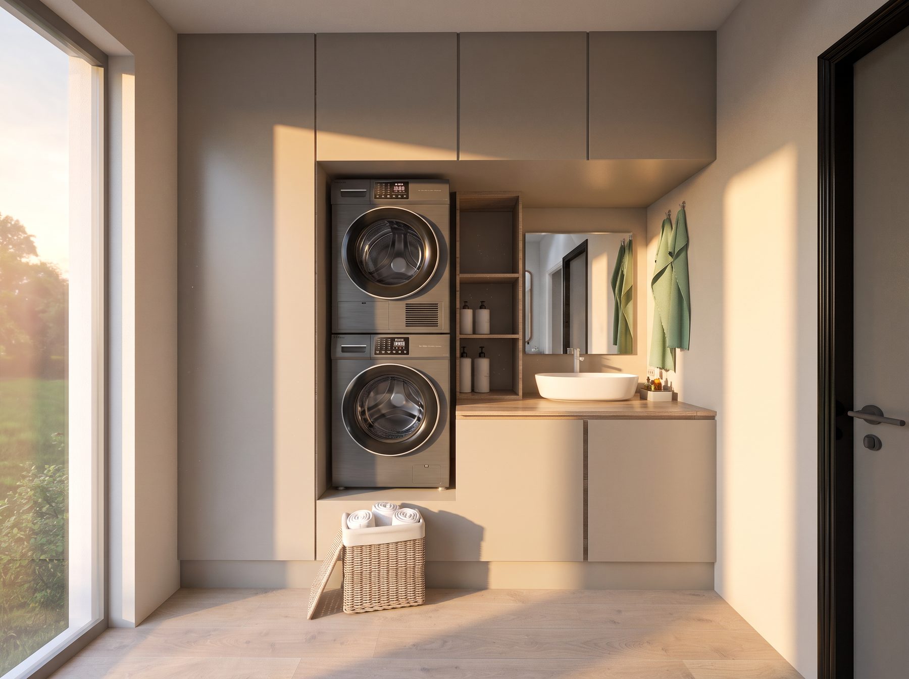 Utility room with laundry units and washbasin
