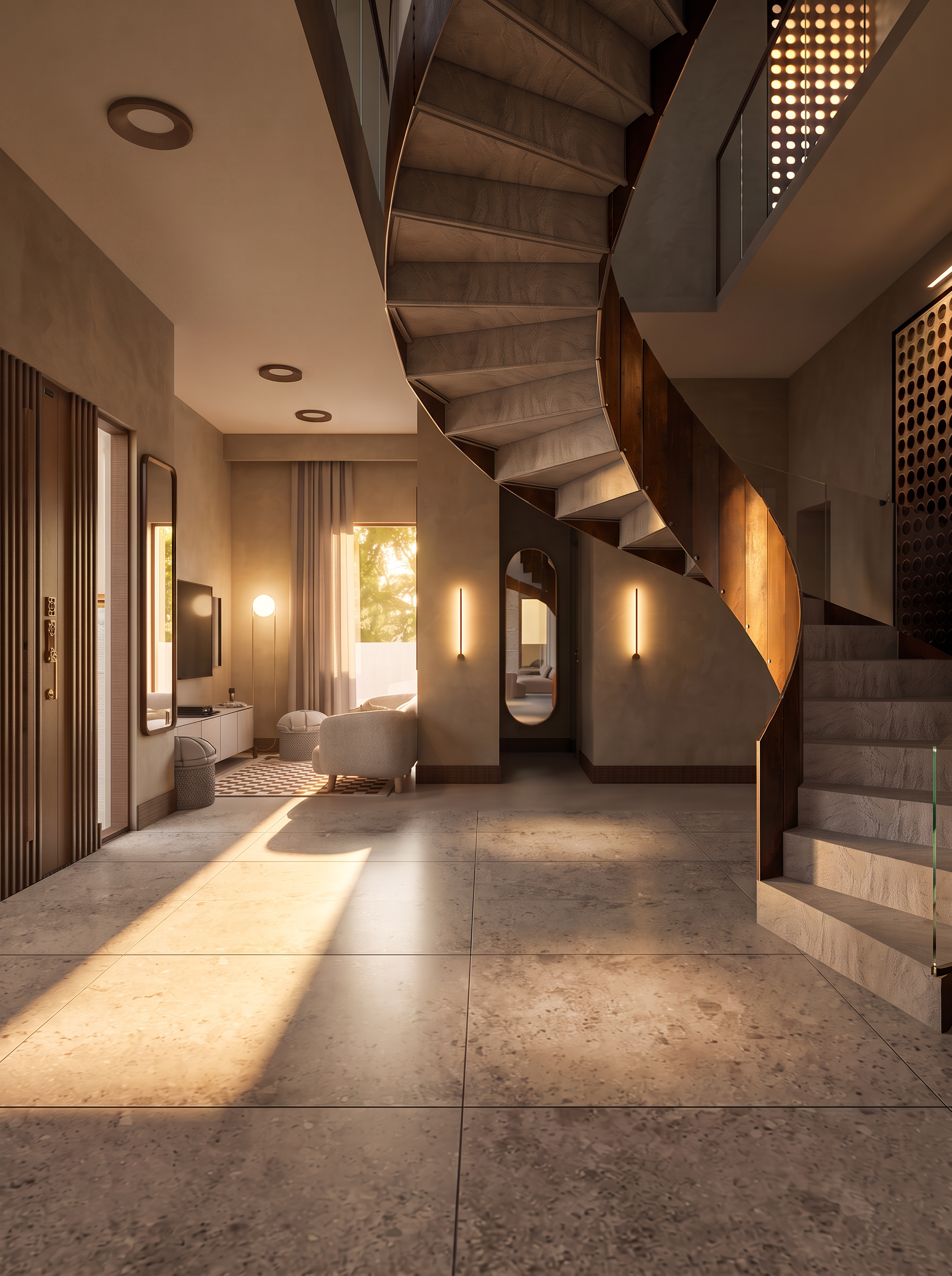 Entrance hall with sculptural staircase